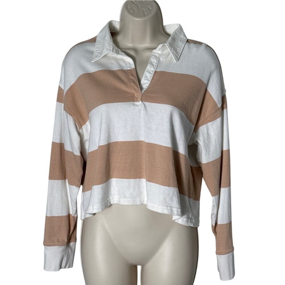 Aerie Women's Crop Striped Polo Shirt Off White and Tan Size S